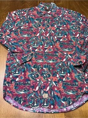 Boston Traders Multicolor Floral Corduroy Shirt — Teal, Magenta & Cream SMALL